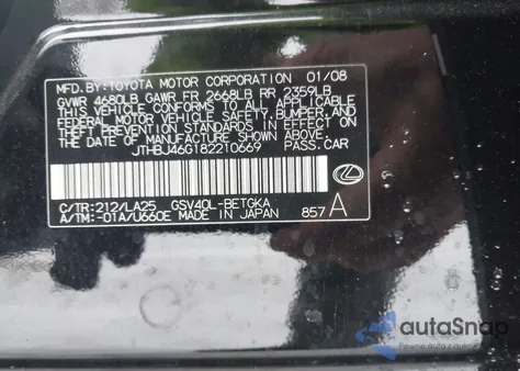 2008 Lexus Es 350 from USA, damaged, VIN JTHBJ46G182210669